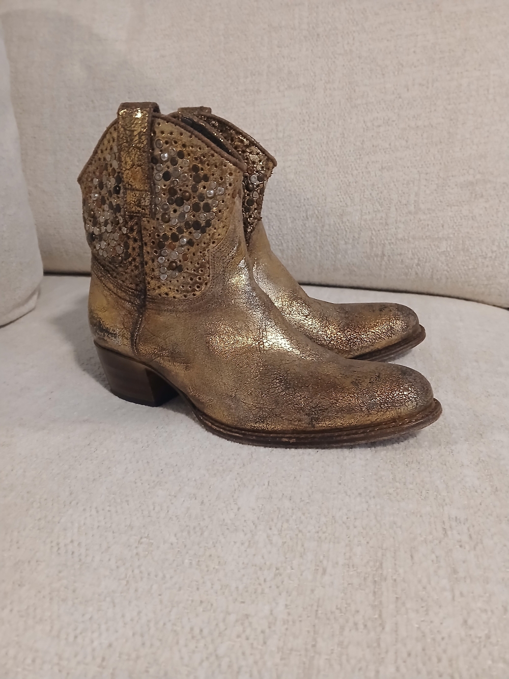 •FRYE• 'Deborah' Metallic Gold Western Ankle Boots with Stud Detail - Picture 4 of 15